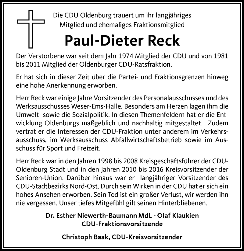  Traueranzeige für Paul-Dieter Reck vom 12.03.2020 aus Nordwest-Zeitung