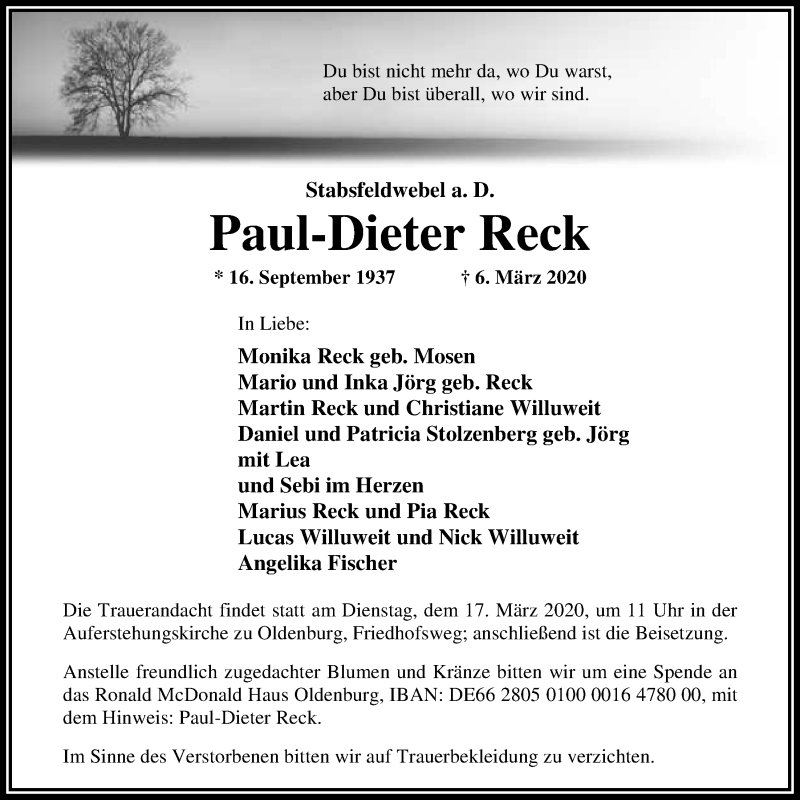  Traueranzeige für Paul-Dieter Reck vom 12.03.2020 aus Nordwest-Zeitung