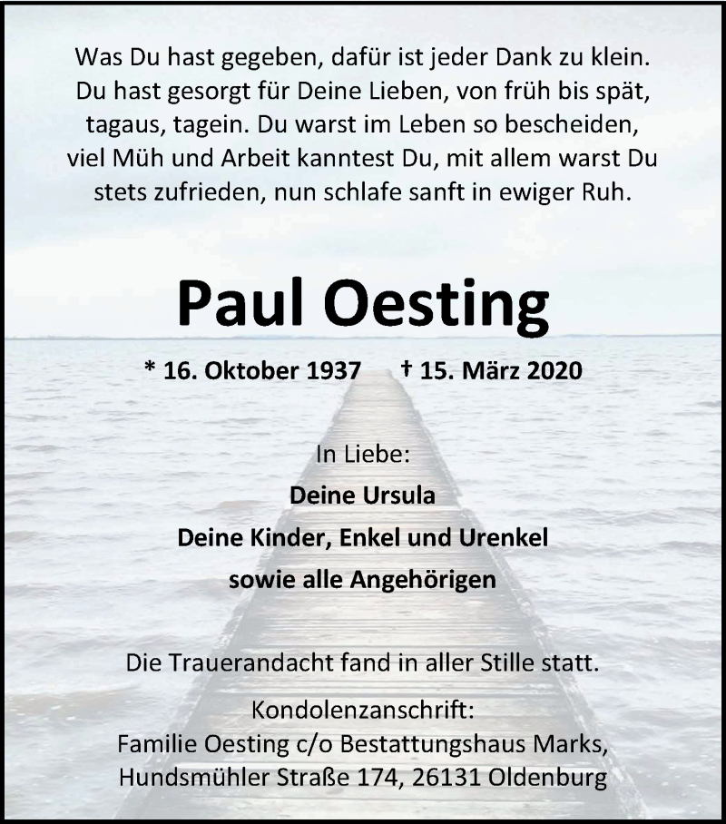 Traueranzeigen Von Paul Oesting Nordwest Trauer De