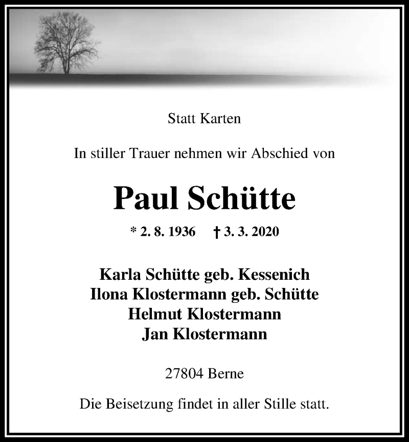  Traueranzeige für Paul Schütte vom 07.03.2020 aus Nordwest-Zeitung