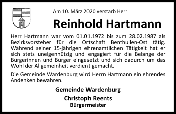 Traueranzeige von Reinhold Hartmann von Nordwest-Zeitung