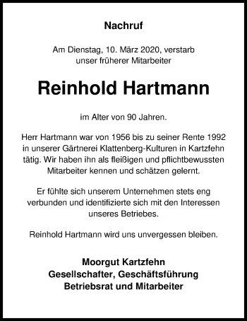 Traueranzeige von Reinhold Hartmann von Nordwest-Zeitung