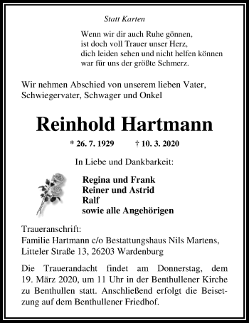 Traueranzeige von Reinhold Hartmann von Nordwest-Zeitung