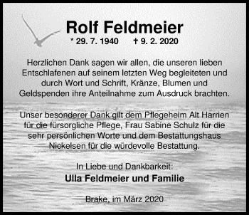Traueranzeige von Rolf Feldmeier von Nordwest-Zeitung