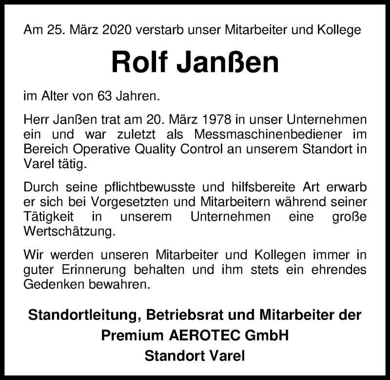  Traueranzeige für Rolf Janßen vom 28.03.2020 aus Nordwest-Zeitung