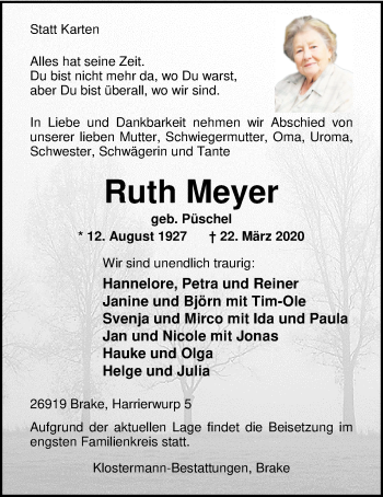 Traueranzeige von Ruth Meyer von Nordwest-Zeitung