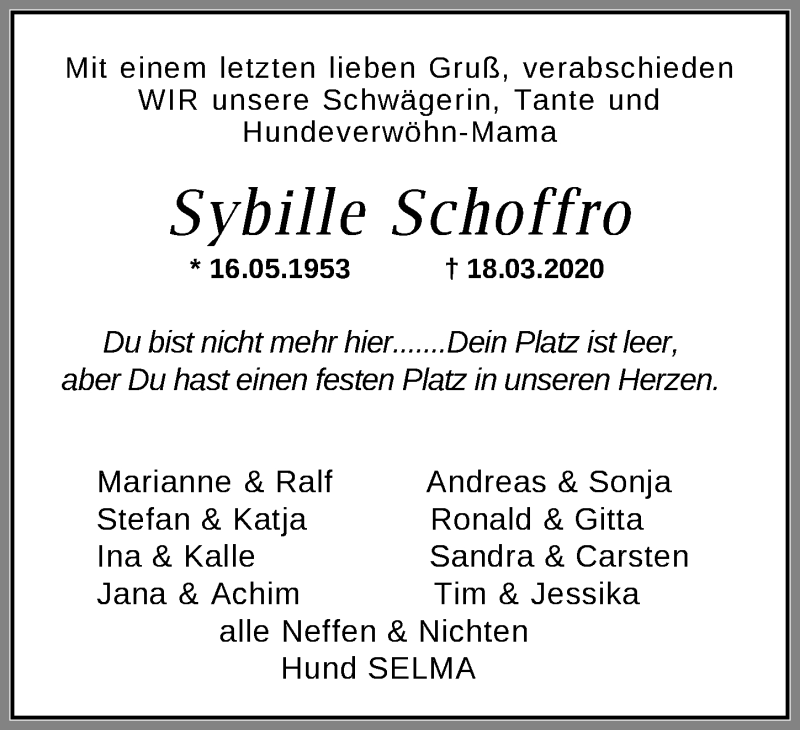  Traueranzeige für Sybille Schoffro vom 26.03.2020 aus Nordwest-Zeitung