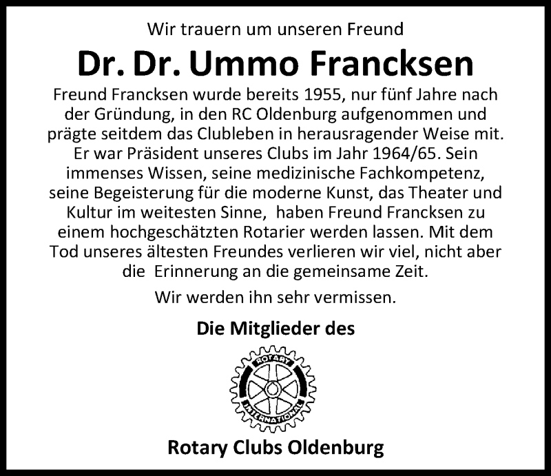  Traueranzeige für Dr. Dr. Ummo Francksen vom 25.03.2020 aus Nordwest-Zeitung
