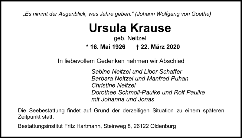  Traueranzeige für Ursula Krause vom 28.03.2020 aus Nordwest-Zeitung