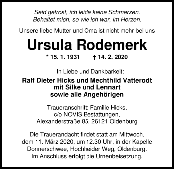 Traueranzeige von Ursula Rodemerk von Nordwest-Zeitung