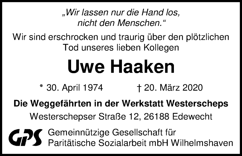  Traueranzeige für Uwe Haaken vom 25.03.2020 aus Nordwest-Zeitung