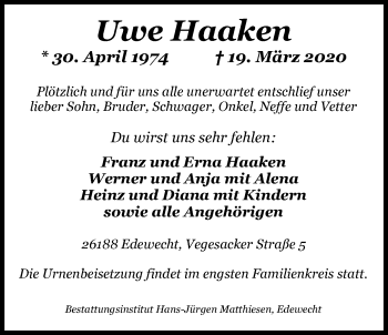 Traueranzeige von Uwe Haaken von Nordwest-Zeitung