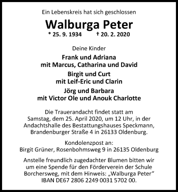 Traueranzeige von Walburga Peter von Nordwest-Zeitung