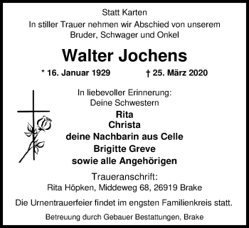 Traueranzeige von Walter Jochens von Nordwest-Zeitung