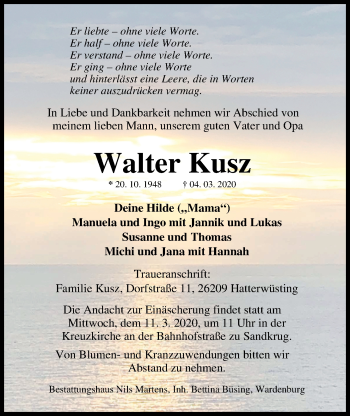 Traueranzeige von Walter Kusz von Nordwest-Zeitung