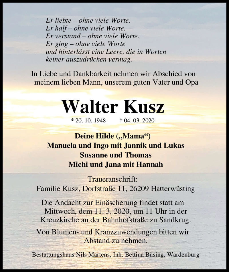  Traueranzeige für Walter Kusz vom 07.03.2020 aus Nordwest-Zeitung