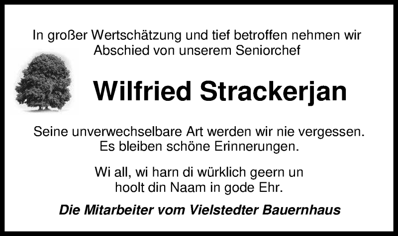  Traueranzeige für Wilfried Strackerjan vom 17.03.2020 aus Nordwest-Zeitung