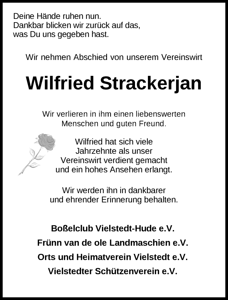  Traueranzeige für Wilfried Strackerjan vom 17.03.2020 aus Nordwest-Zeitung
