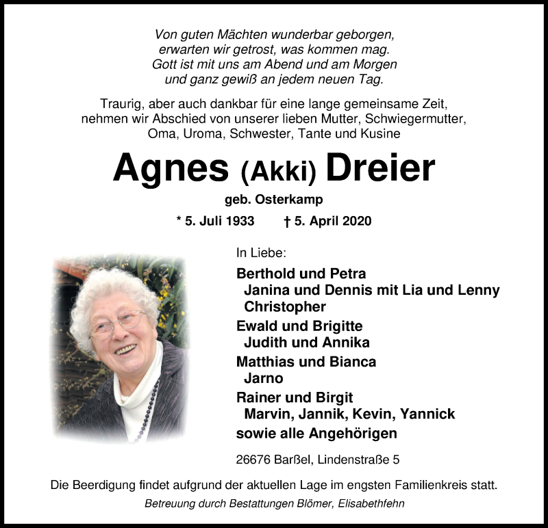  Traueranzeige für Agnes Dreier vom 07.04.2020 aus Nordwest-Zeitung