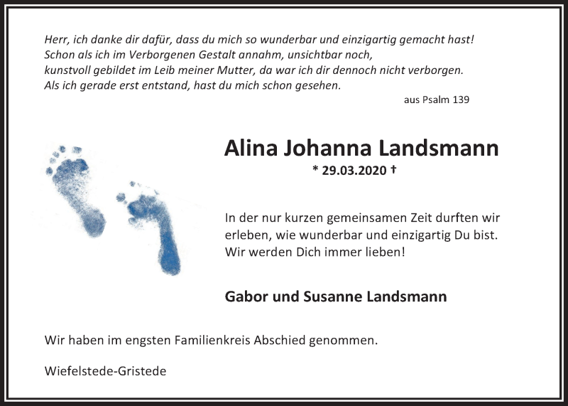  Traueranzeige für Alina Johanna Landsmann vom 11.04.2020 aus Nordwest-Zeitung