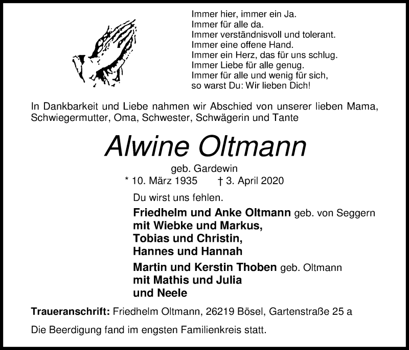  Traueranzeige für Alwine Oltmann vom 08.04.2020 aus Nordwest-Zeitung