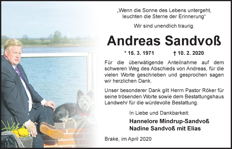  Traueranzeige für Andreas Sandvoß vom 04.04.2020 aus Nordwest-Zeitung