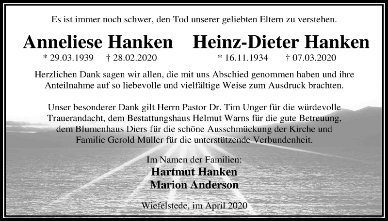  Traueranzeige für Anneliese Hanken vom 20.04.2020 aus Nordwest-Zeitung