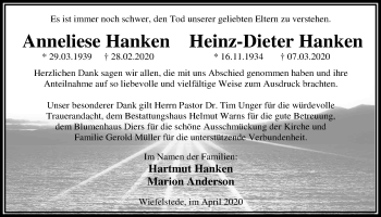 Traueranzeige von Anneliese Hanken von Nordwest-Zeitung