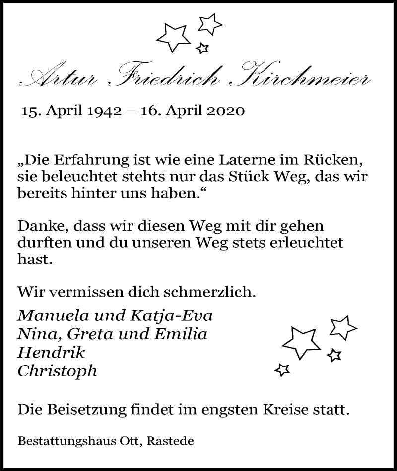  Traueranzeige für Artur Friedrich Kirchmeier vom 22.04.2020 aus Nordwest-Zeitung