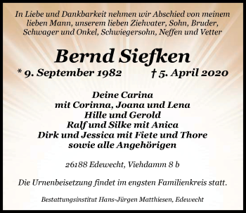 Traueranzeige von Bernd Siefken von Nordwest-Zeitung