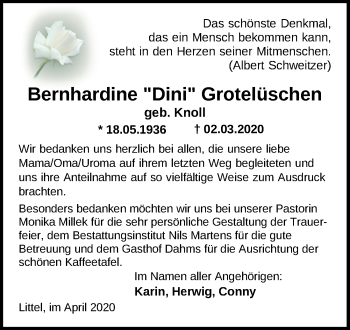 Traueranzeige von Bernhardine Grotelüschen von Nordwest-Zeitung