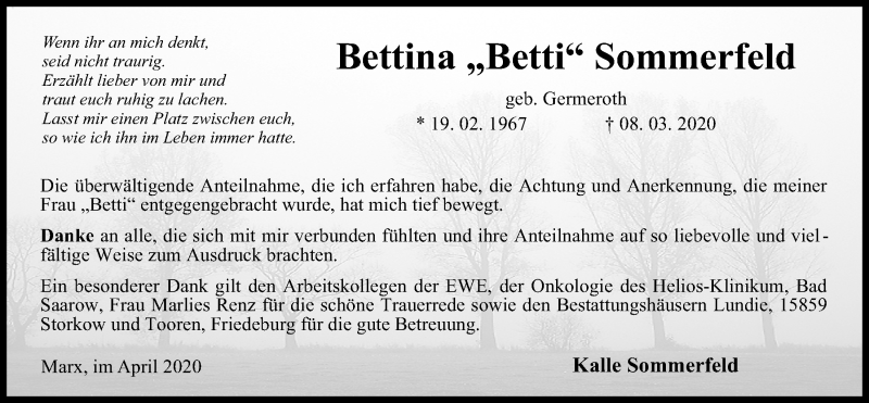  Traueranzeige für Bettina Sommerfeld vom 04.04.2020 aus Nordwest-Zeitung