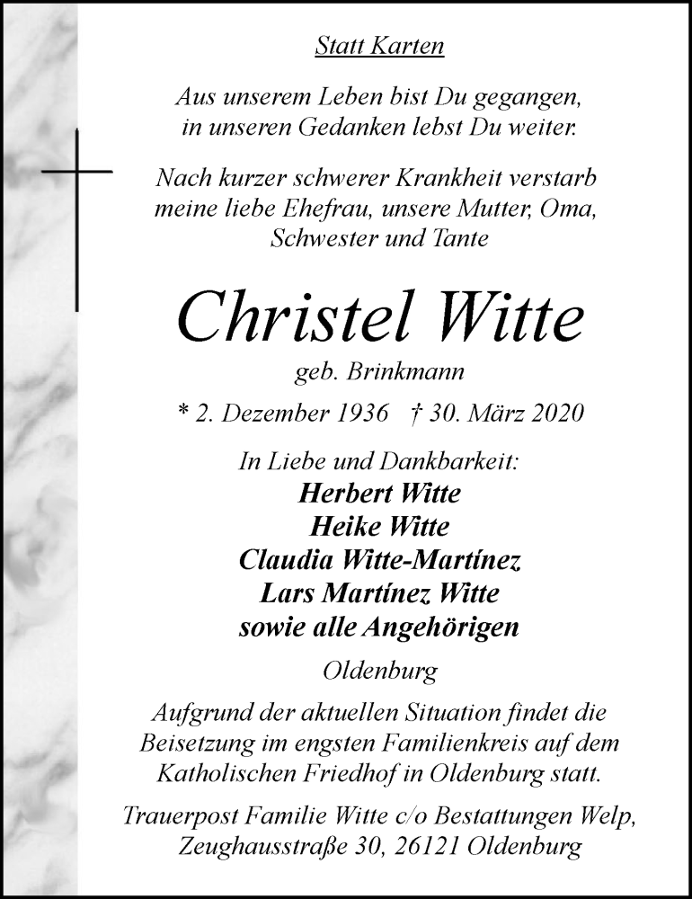  Traueranzeige für Christel Witte vom 04.04.2020 aus Nordwest-Zeitung