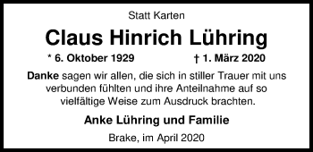Traueranzeige von Claus Hinrich Lühring von Nordwest-Zeitung