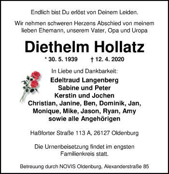 Traueranzeige von Diethelm Hollatz von Nordwest-Zeitung