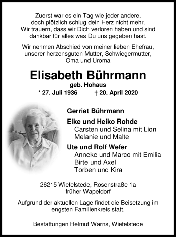 Traueranzeige von Elisabeth Bührmann von Nordwest-Zeitung