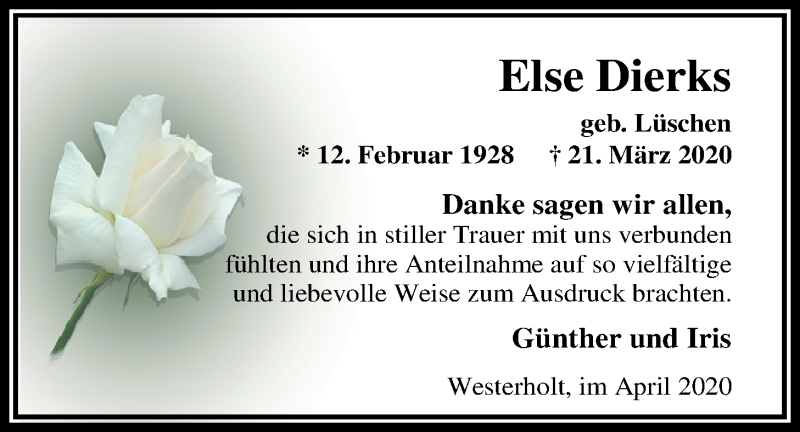  Traueranzeige für Else Dierks vom 24.04.2020 aus Nordwest-Zeitung