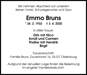 Traueranzeige von Emmo Bruns von Nordwest-Zeitung