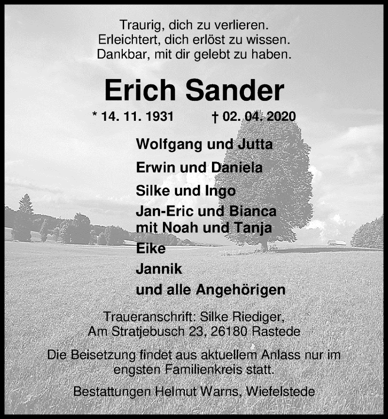 Traueranzeige für Erich Sander vom 06.04.2020 aus Nordwest-Zeitung