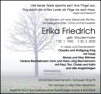 Traueranzeige von Erika Friedrich von Nordwest-Zeitung