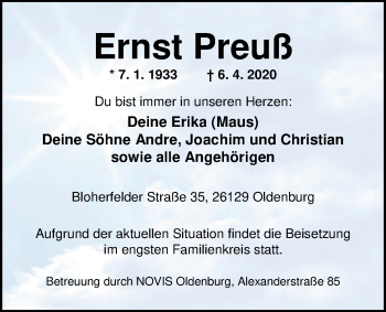 Traueranzeige von Ernst Preuß von Nordwest-Zeitung