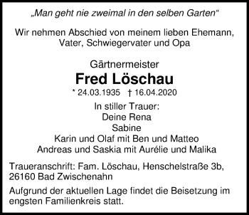 Traueranzeige von Fred Löschau von Nordwest-Zeitung