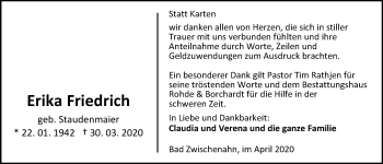 Traueranzeige von Friedrich Erika von Nordwest-Zeitung