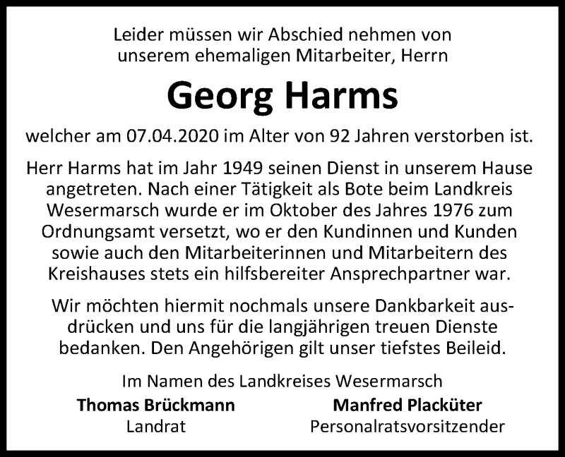  Traueranzeige für Georg Harms vom 11.04.2020 aus Nordwest-Zeitung