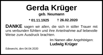 Traueranzeige von Gerda Krüger von Nordwest-Zeitung