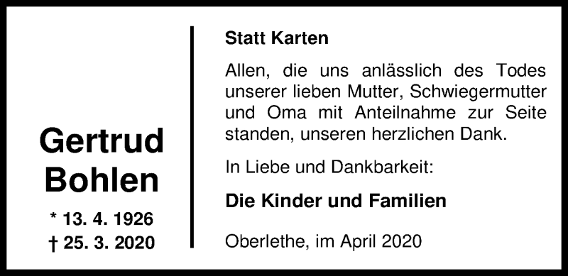  Traueranzeige für Gertrud Bohlen vom 09.04.2020 aus Nordwest-Zeitung