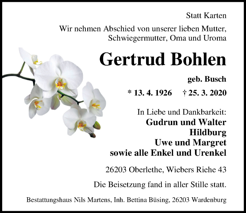  Traueranzeige für Gertrud Bohlen vom 02.04.2020 aus Nordwest-Zeitung