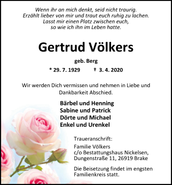 Traueranzeige von Gertrud Völkers von Nordwest-Zeitung