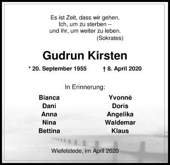 Traueranzeige von Gudrun Valeska Kirsten von Nordwest-Zeitung