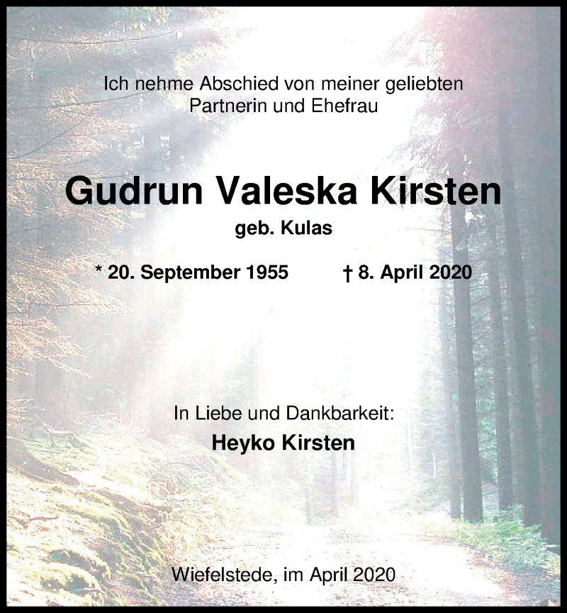  Traueranzeige für Gudrun Valeska Kirsten vom 14.04.2020 aus Nordwest-Zeitung